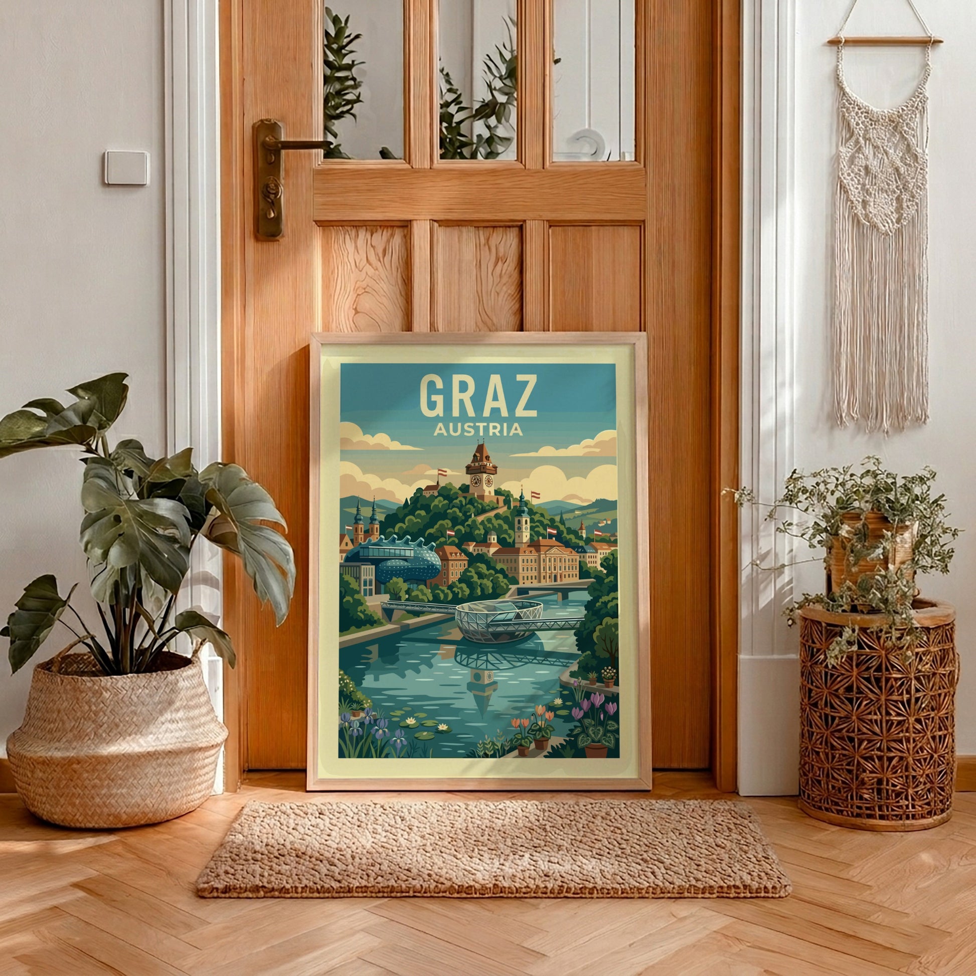 Retro travel poster of Graz, Austria skyline with Schlossberg clock tower and Mur river.