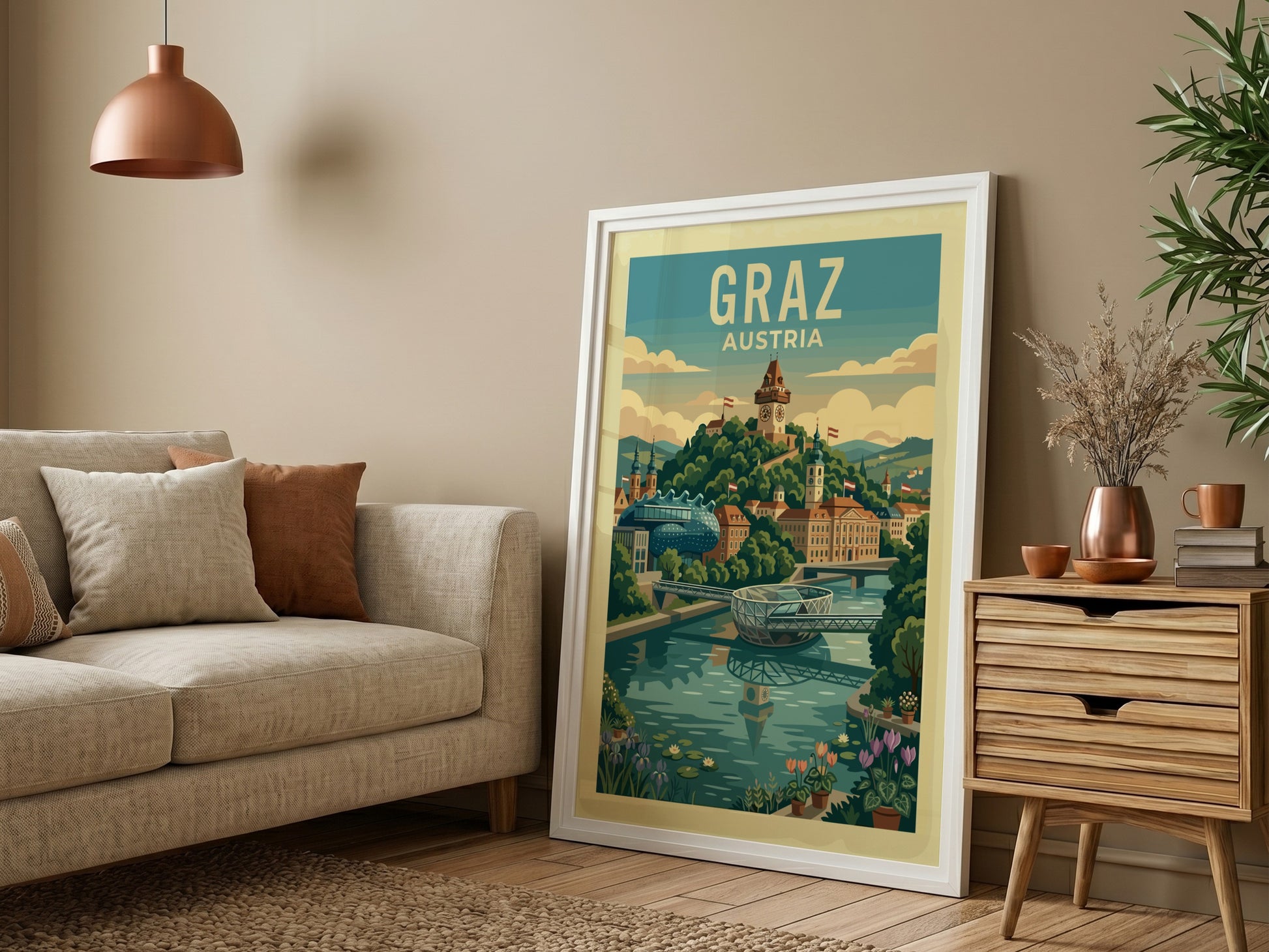 Retro travel poster of Graz, Austria skyline with Schlossberg clock tower and Mur river.