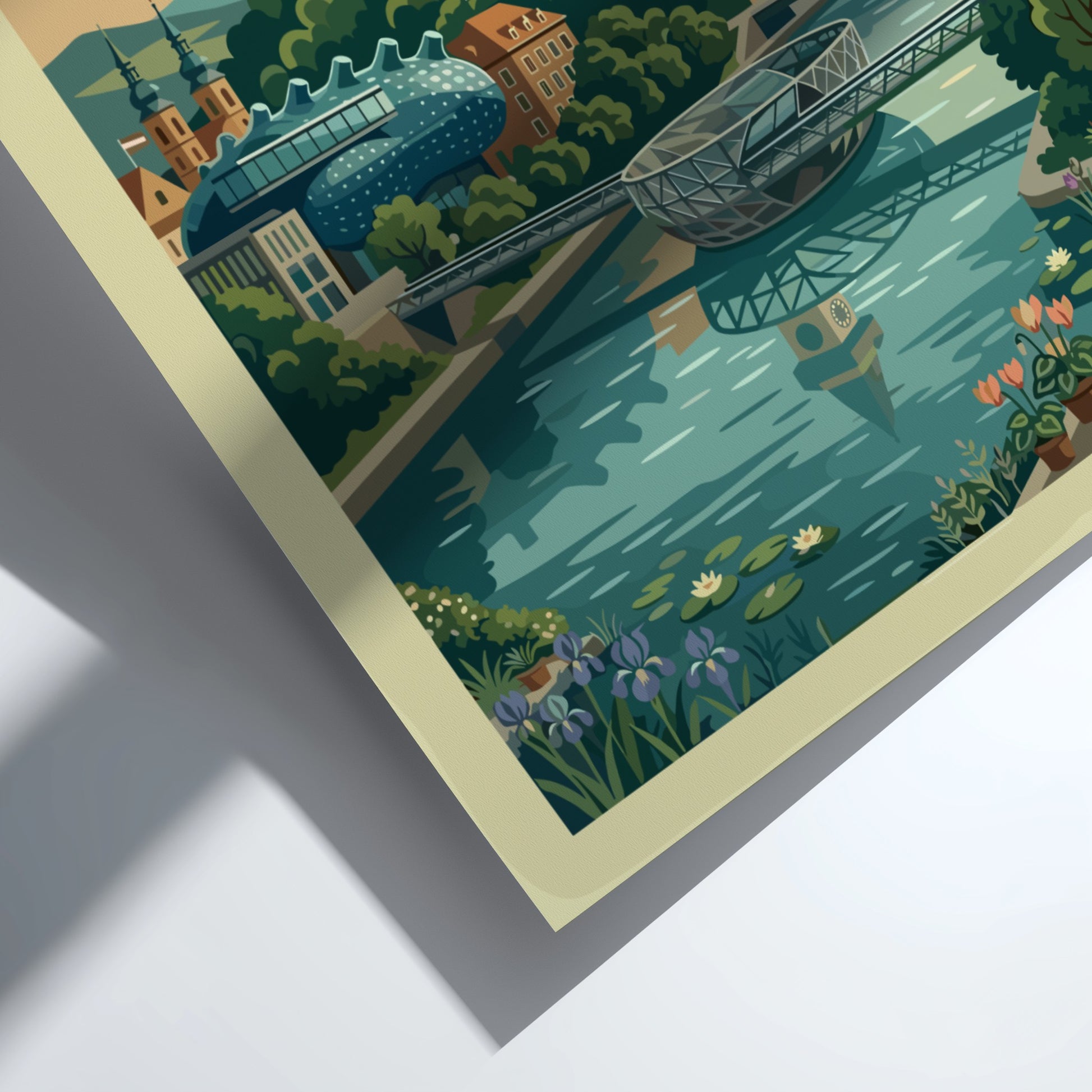 Retro travel poster of Graz, Austria skyline with Schlossberg clock tower and Mur river.