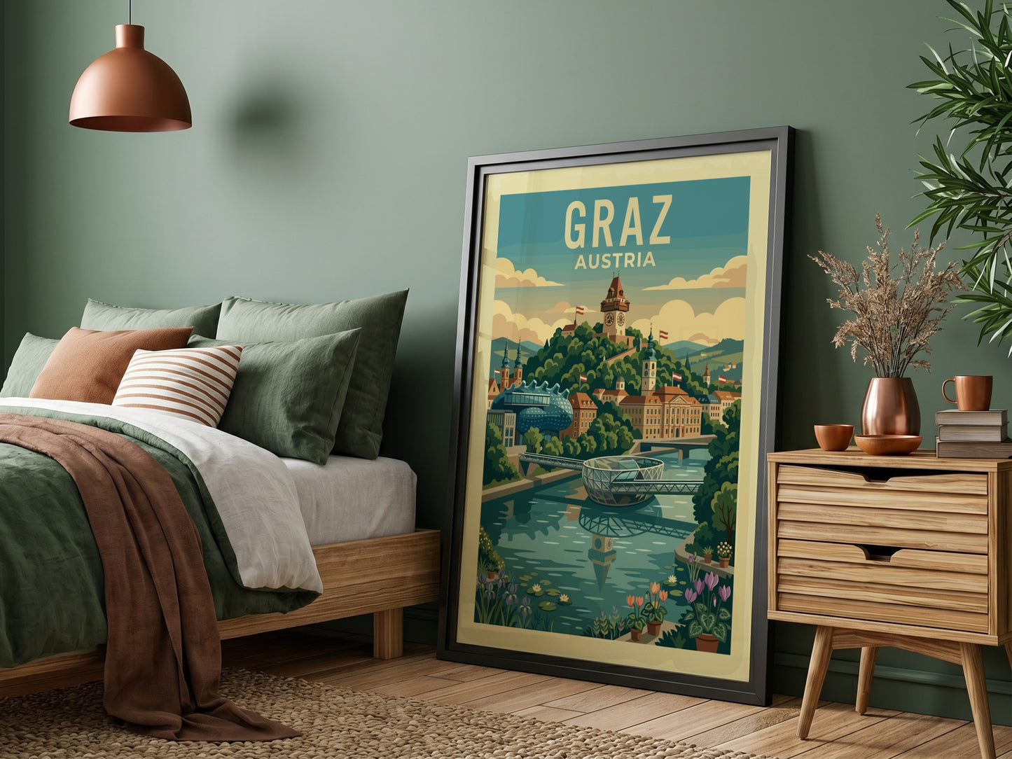 Retro travel poster of Graz, Austria skyline with Schlossberg clock tower and Mur river.