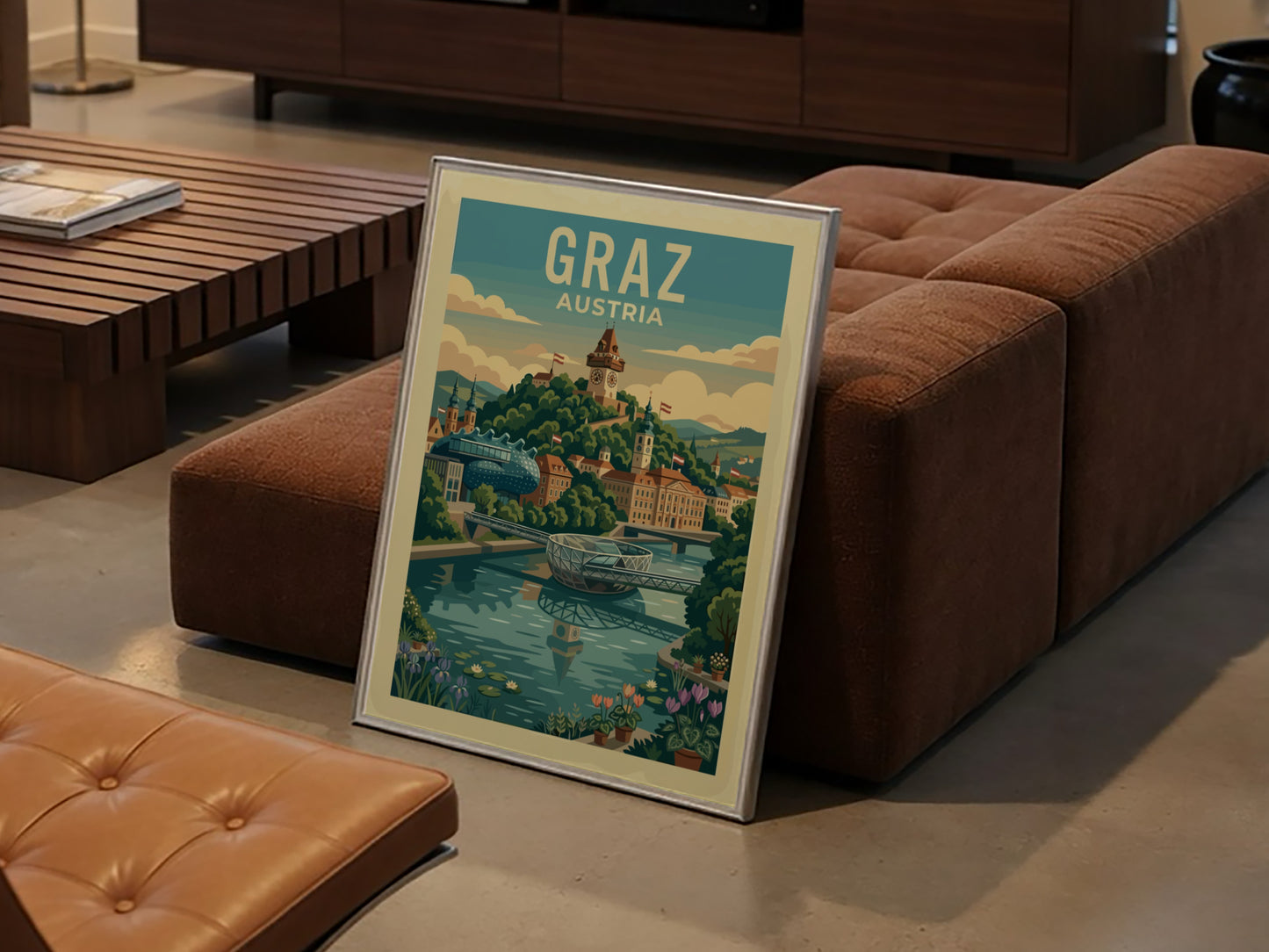 Retro travel poster of Graz, Austria skyline with Schlossberg clock tower and Mur river.