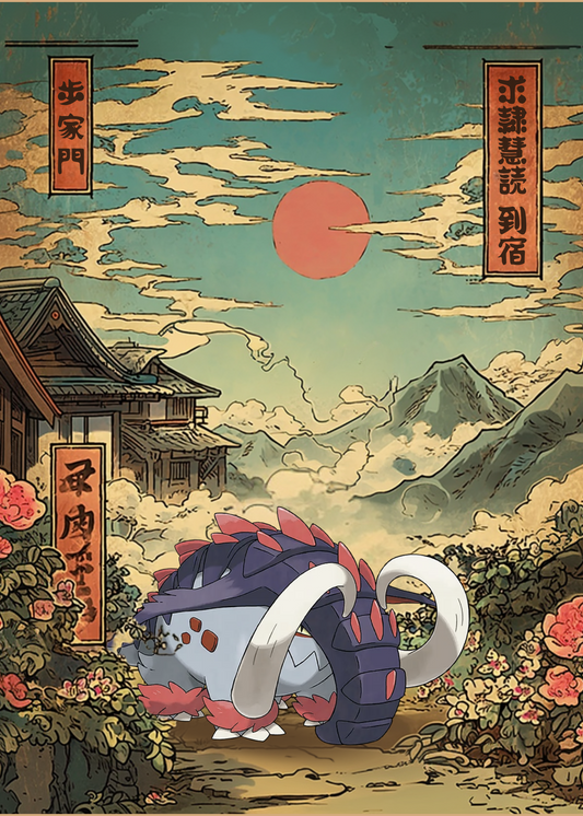 Great Tusk Pokemon character in a traditional Japanese setting with mountains and a large sun.