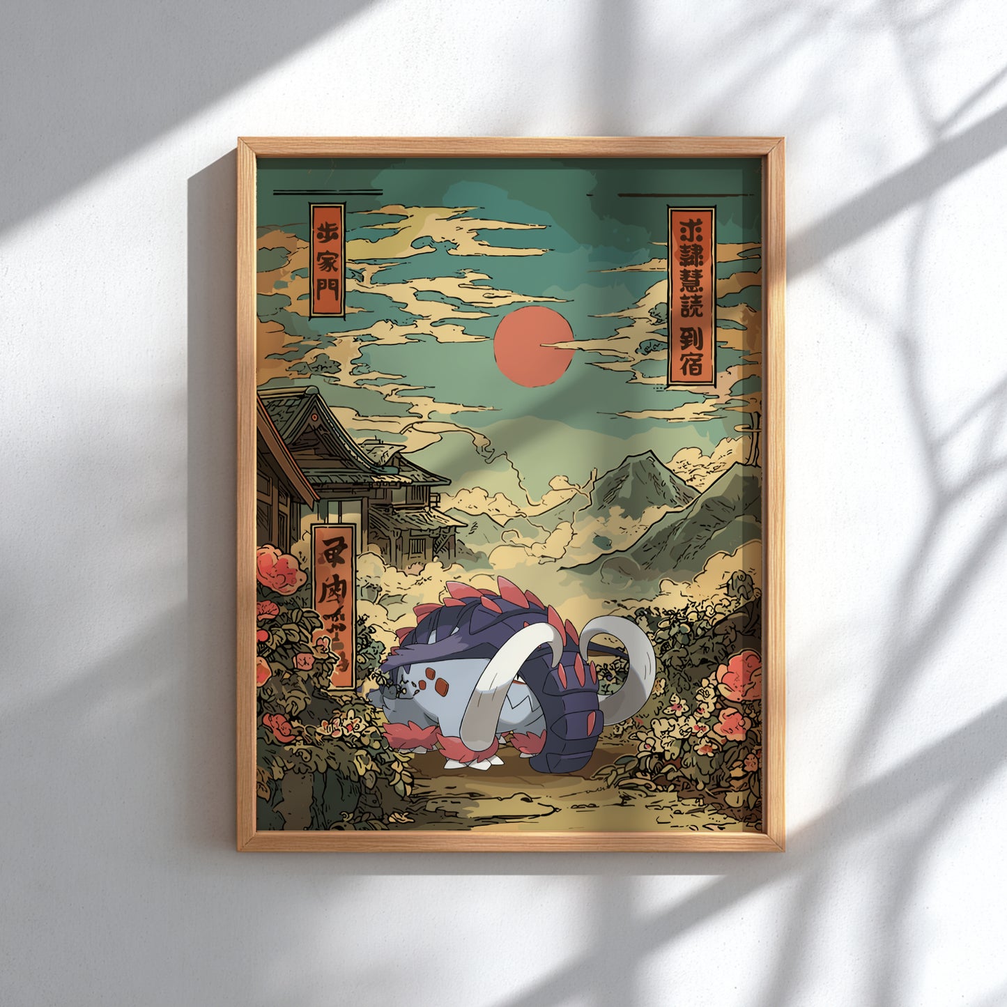 Framed artwork with a stylized landscape and Great Tusk Pokemon on a white wall.