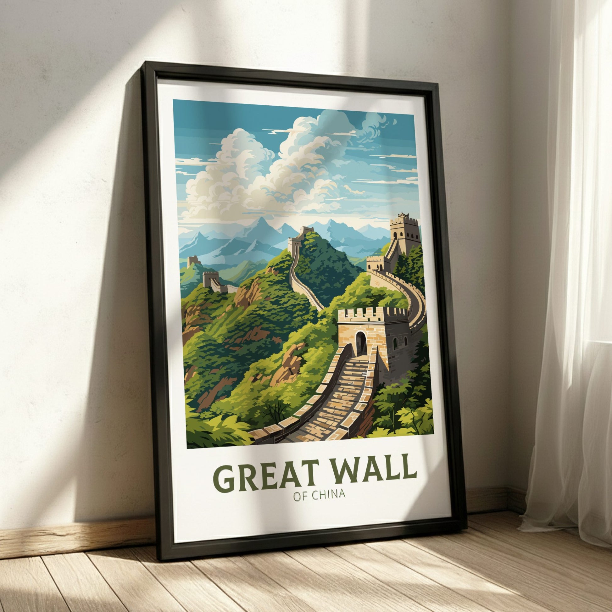 Framed poster of the Great Wall of China on a wall.