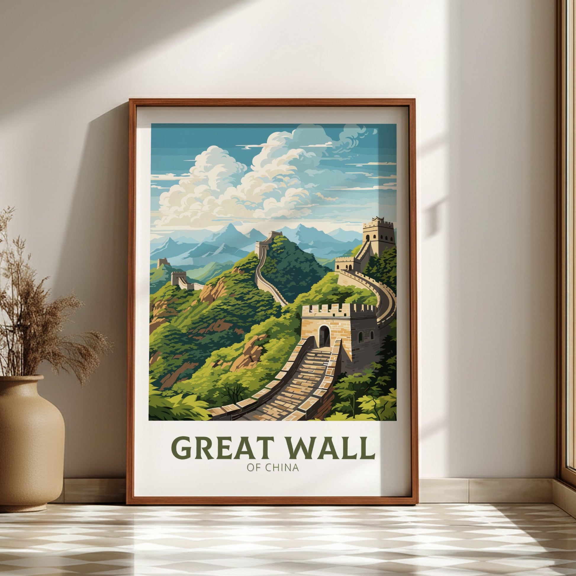 Framed artwork of the Great Wall of China on a wall in a room with a vase.