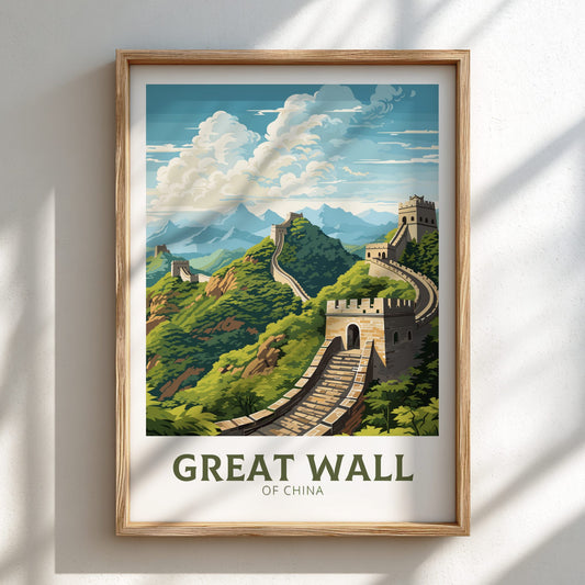 Framed artwork of the Great Wall of China on a white wall.