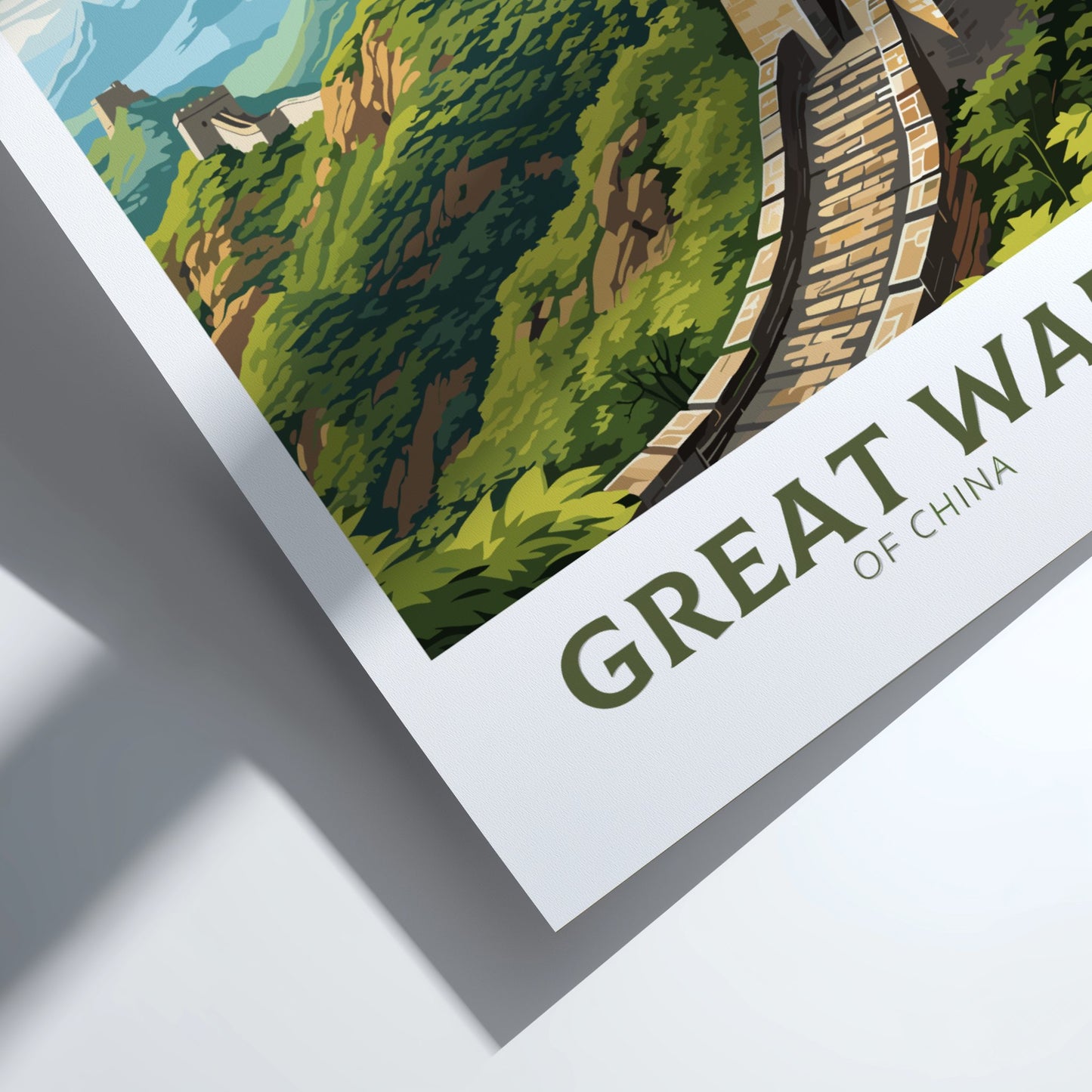 Poster of the Great Wall of China with scenic landscape and text.