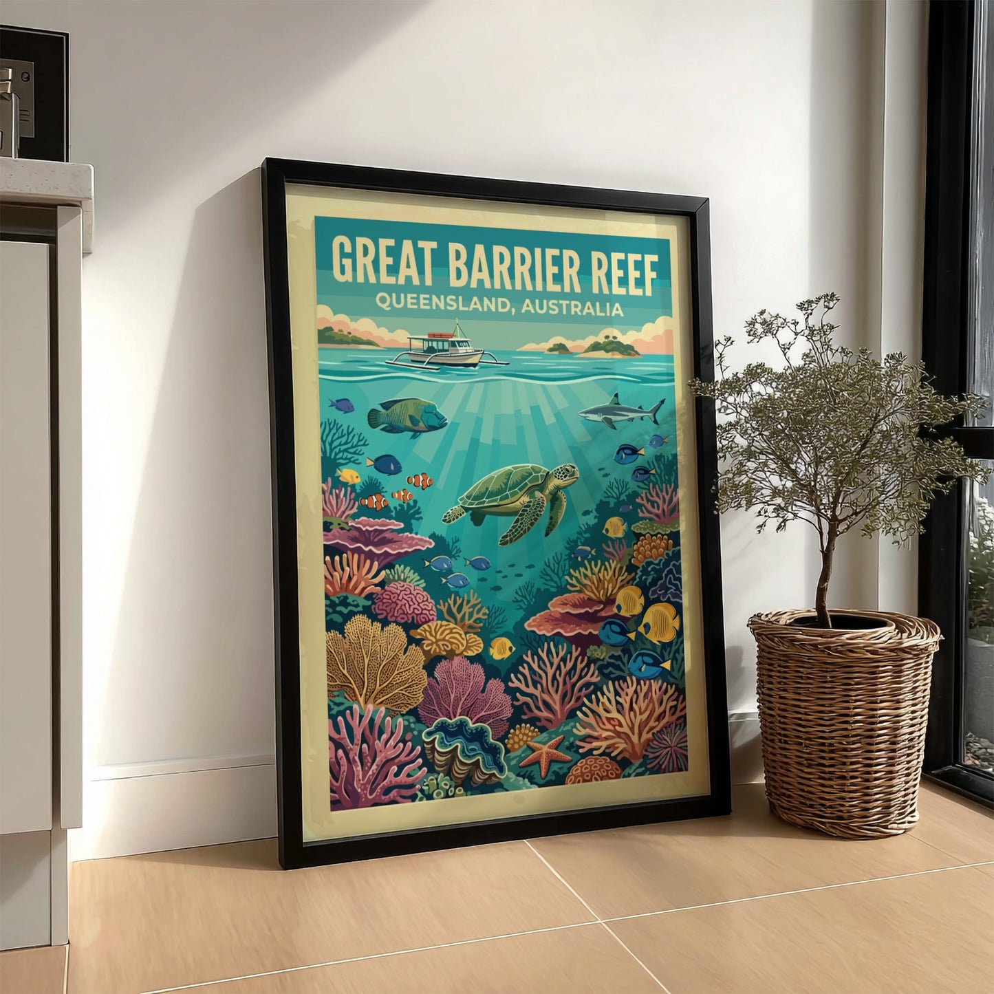 Great Barrier Reef travel poster showing a sea turtle, boat, and tropical coral reef.