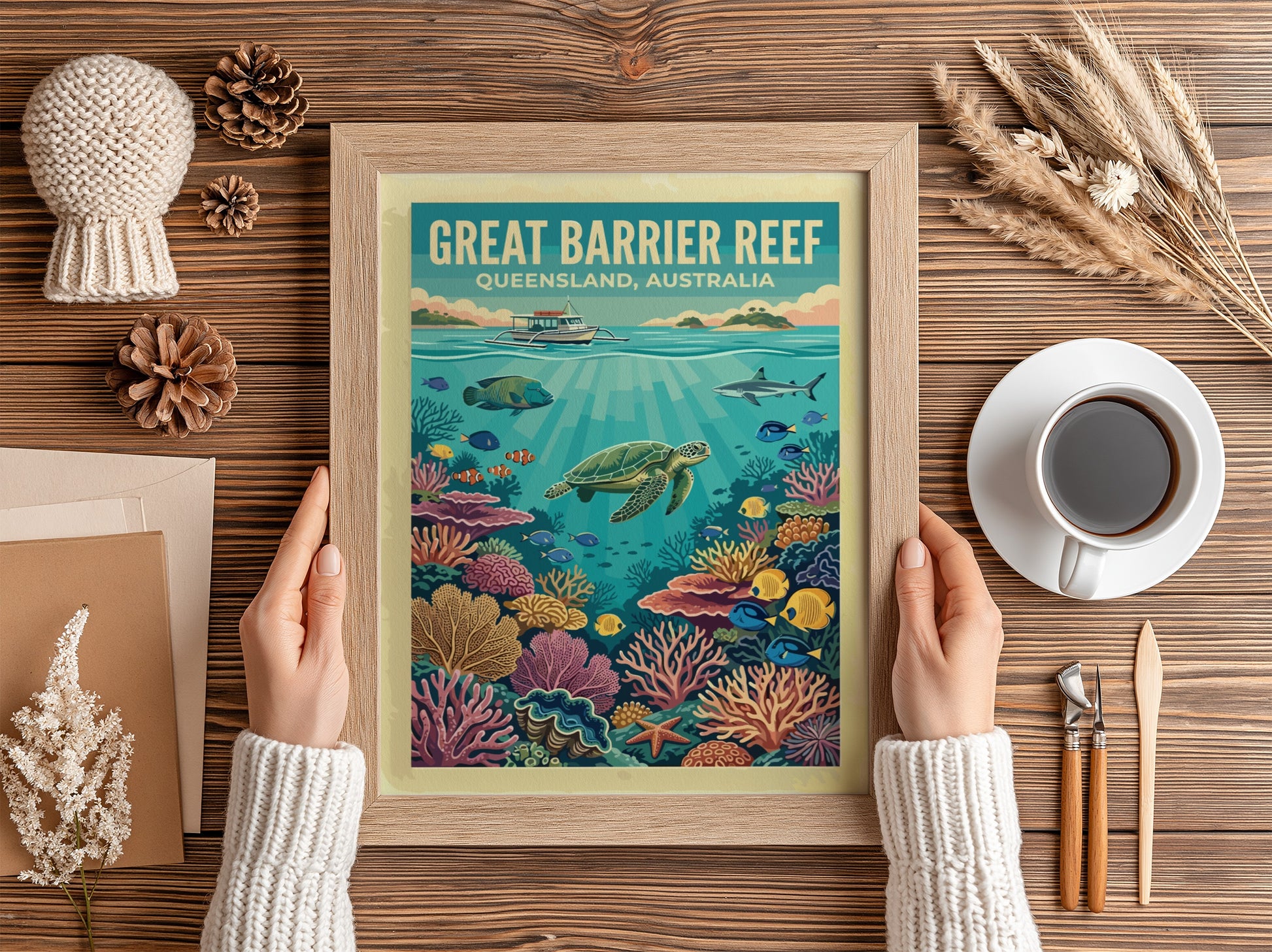 Great Barrier Reef travel poster showing a sea turtle, boat, and tropical coral reef.