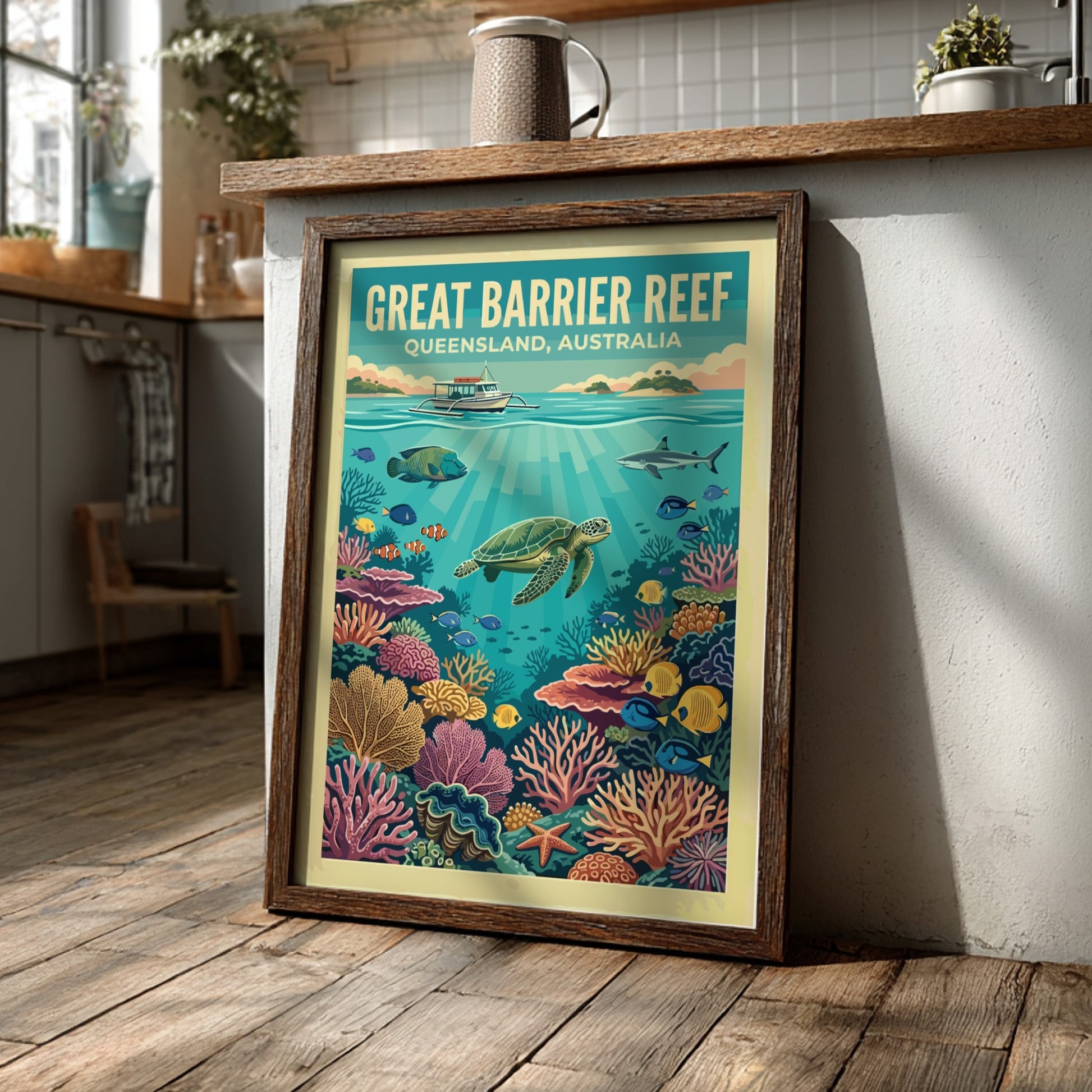 Great Barrier Reef travel poster showing a sea turtle, boat, and tropical coral reef.