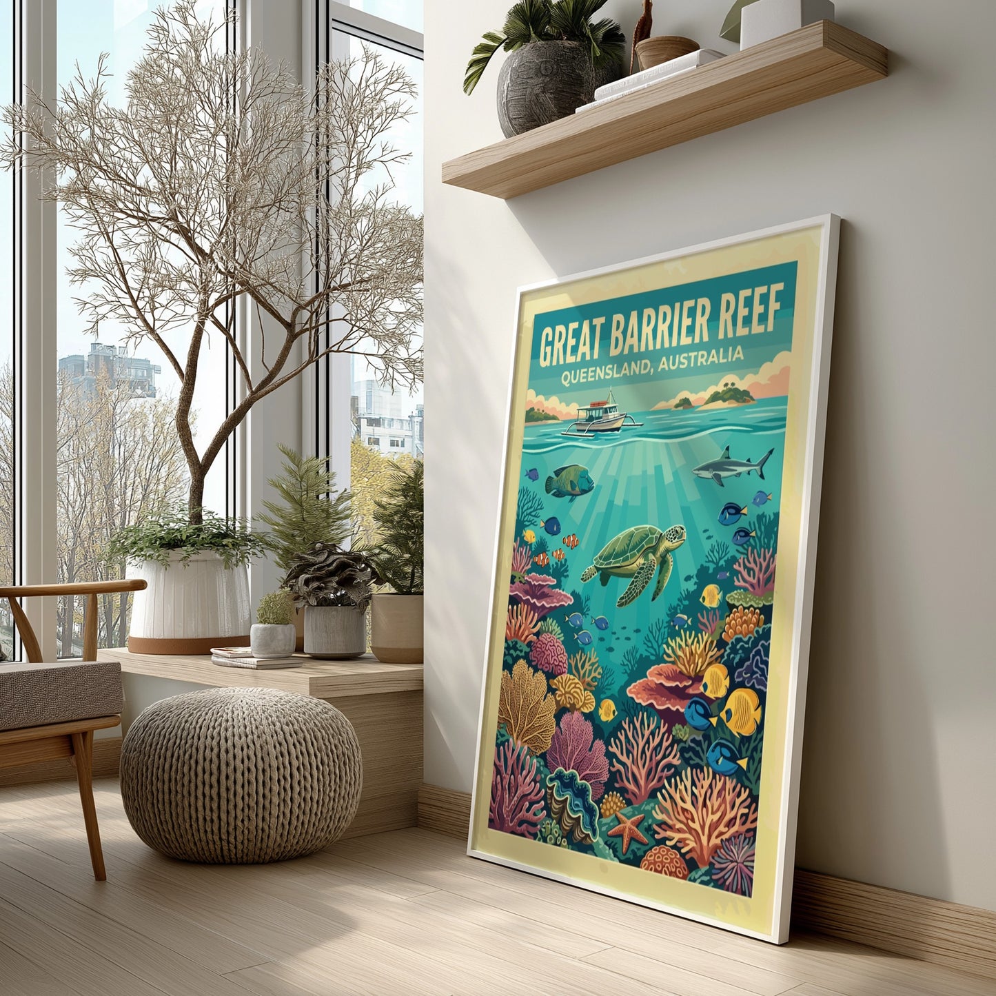 Great Barrier Reef travel poster showing a sea turtle, boat, and tropical coral reef.