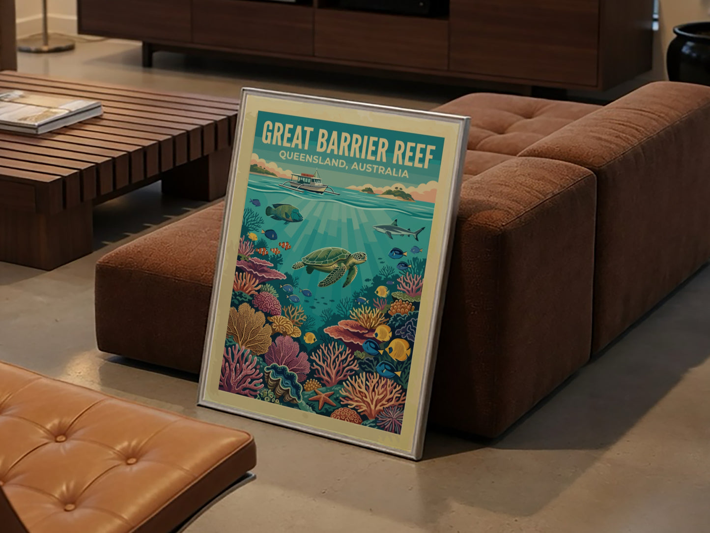 Great Barrier Reef travel poster showing a sea turtle, boat, and tropical coral reef.