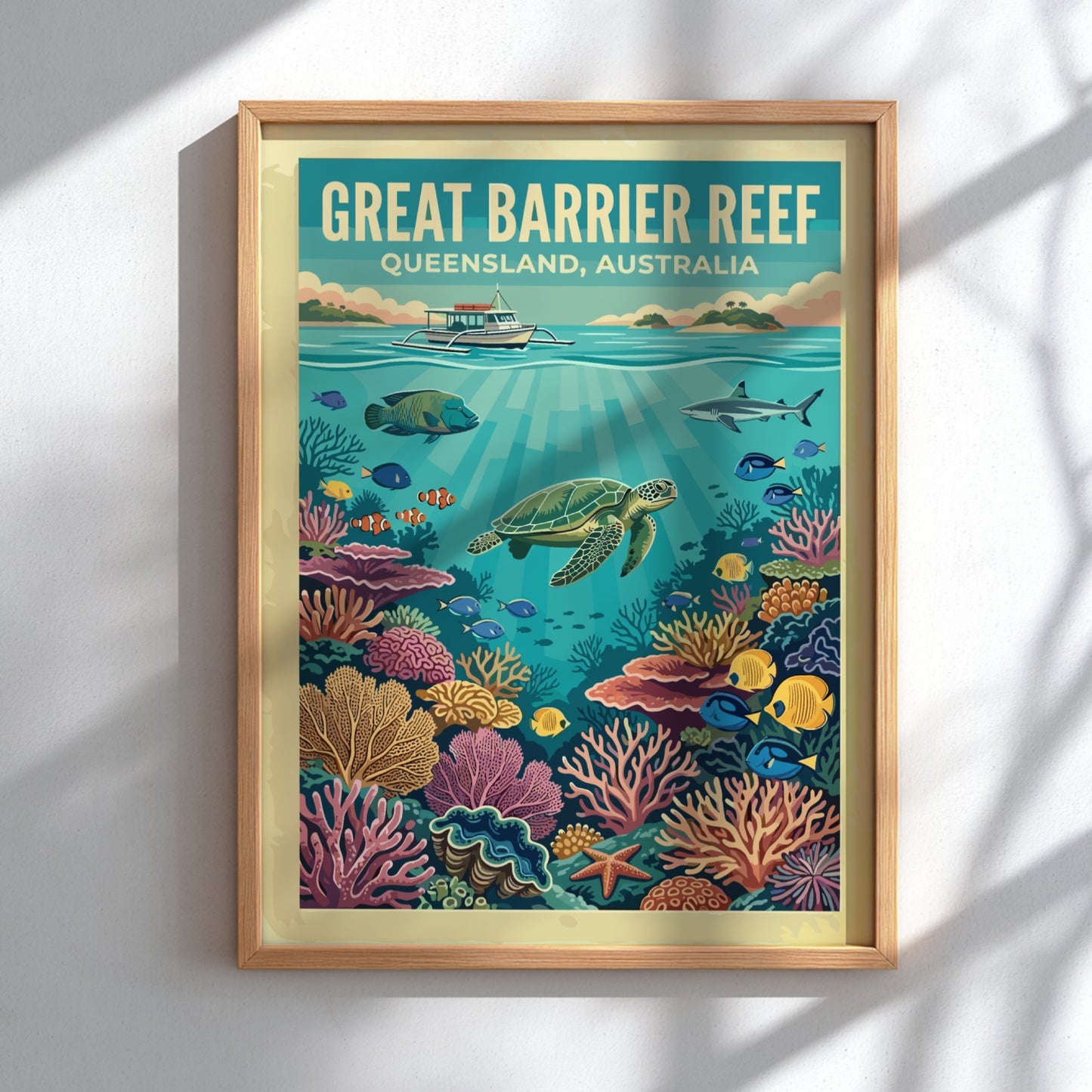 Great Barrier Reef travel poster showing a sea turtle, boat, and tropical coral reef.
