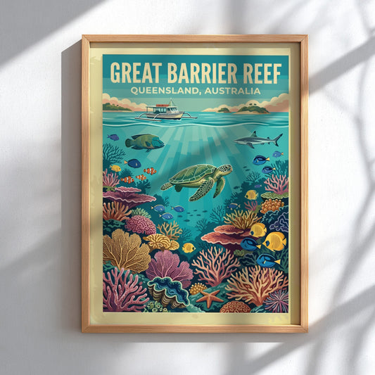 Great Barrier Reef travel poster showing a sea turtle, boat, and tropical coral reef.