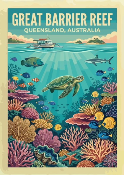 Great Barrier Reef travel poster showing a sea turtle, boat, and tropical coral reef.