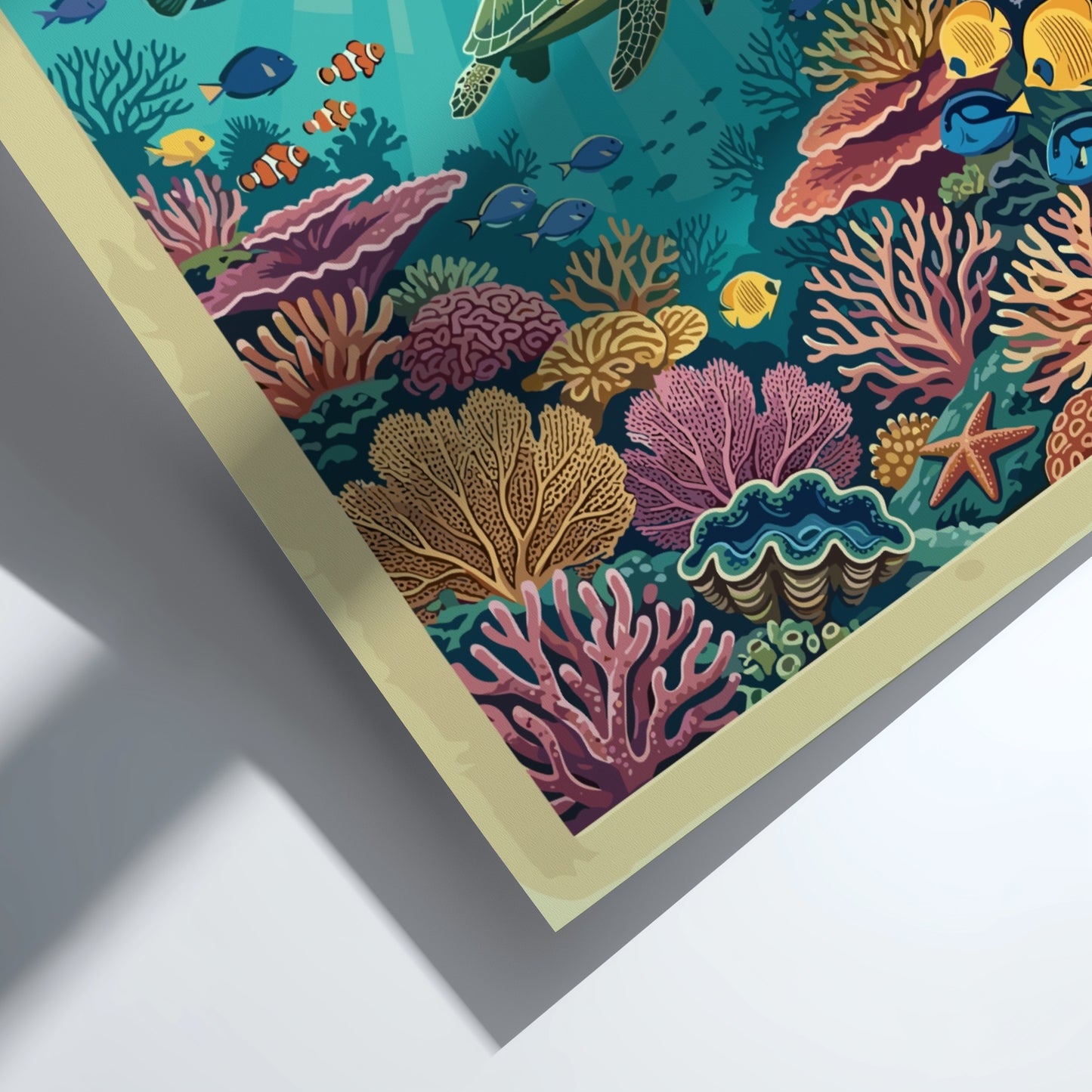 Great Barrier Reef travel poster showing a sea turtle, boat, and tropical coral reef.