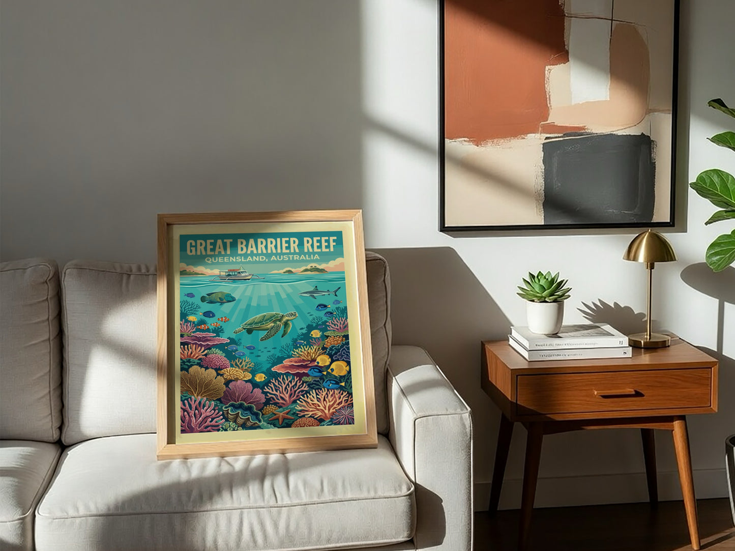 Great Barrier Reef travel poster showing a sea turtle, boat, and tropical coral reef.
