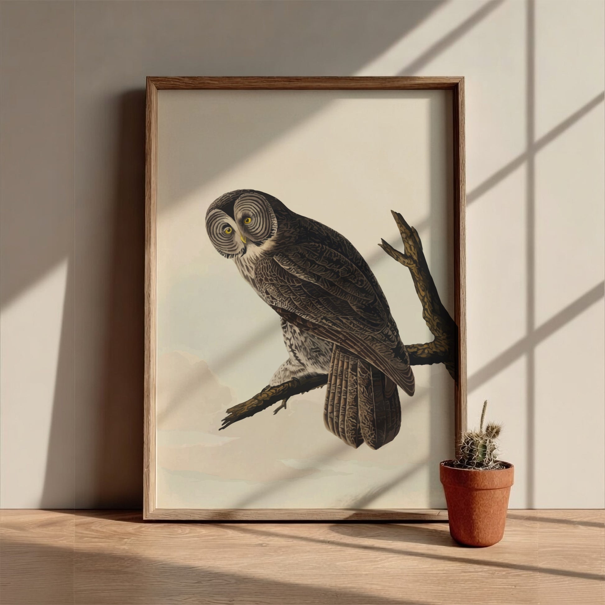 Great Cinereous Owl poster featuring vintage bird art with intricate details and natural colors