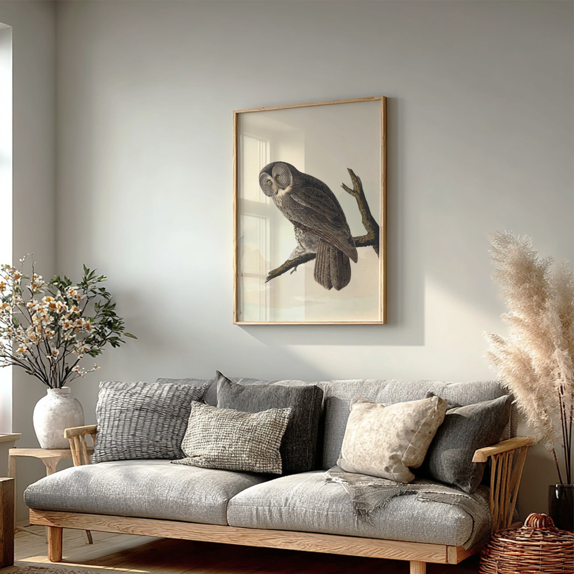 Great Cinereous Owl poster featuring vintage bird art with intricate details and natural colors