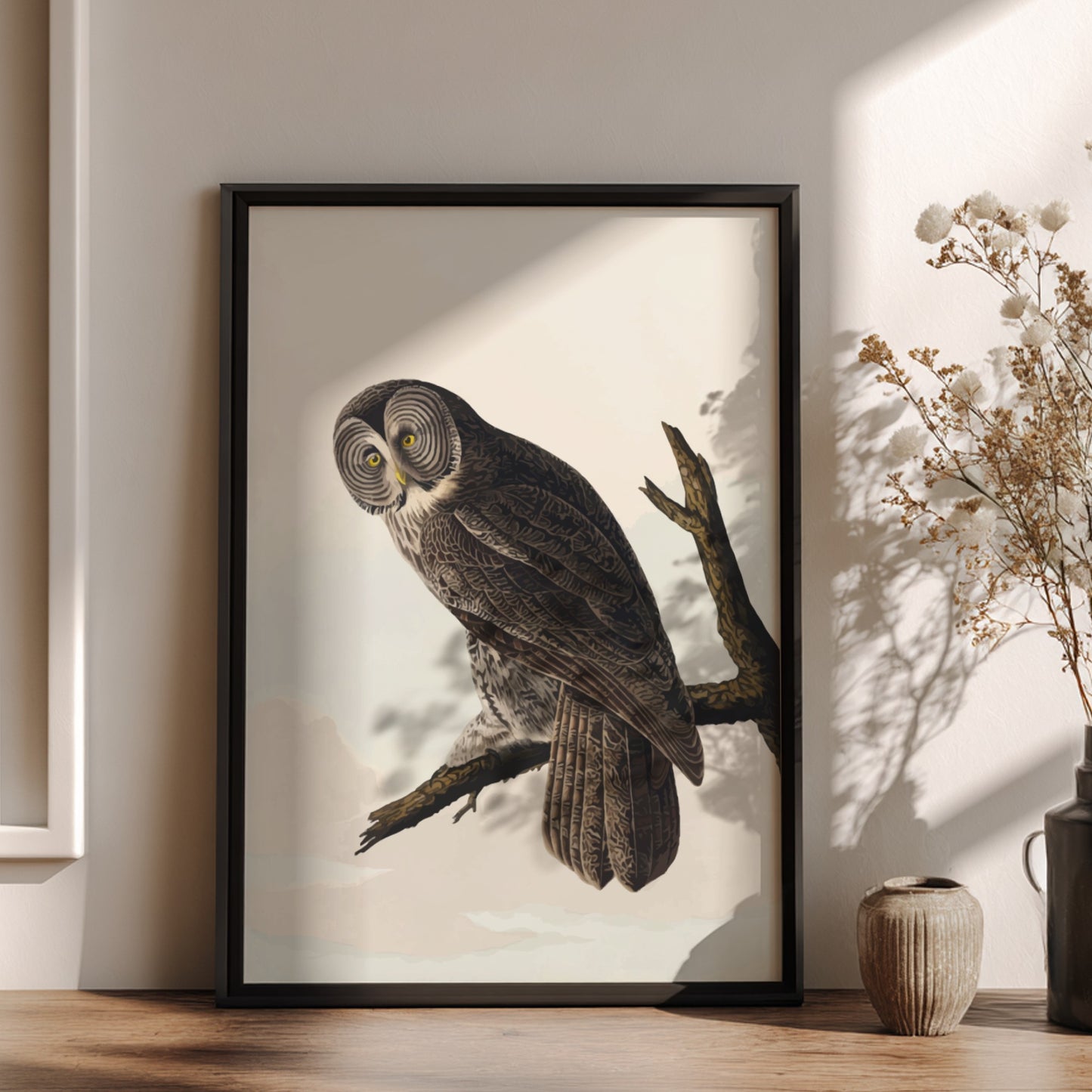 Great Cinereous Owl poster featuring vintage bird art with intricate details and natural colors