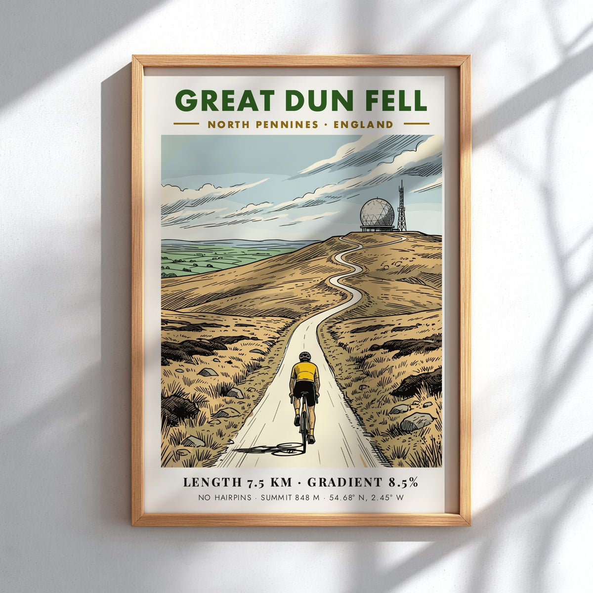 Poster of a cyclist climbing the Great Dun Fell road in North Pennines England.
