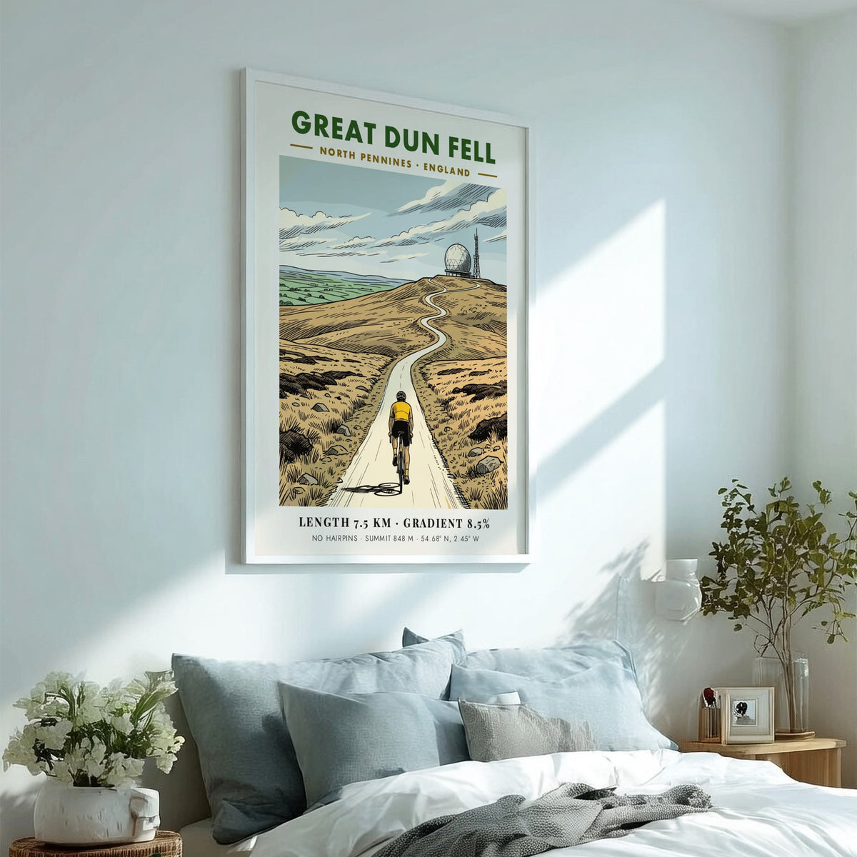 Poster of a cyclist climbing the Great Dun Fell road in North Pennines England.