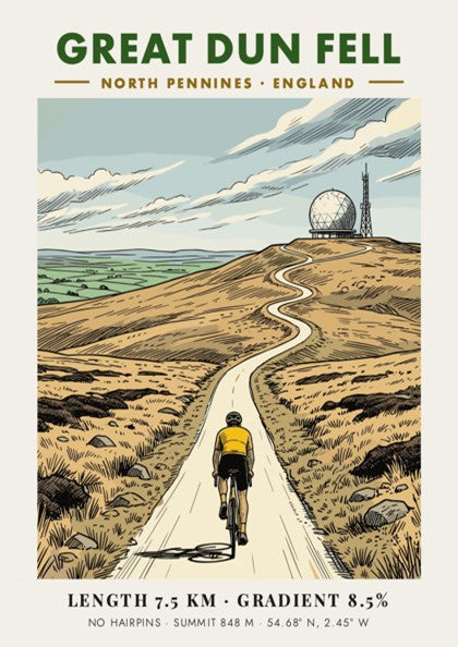 Poster of a cyclist climbing the Great Dun Fell road in North Pennines England.