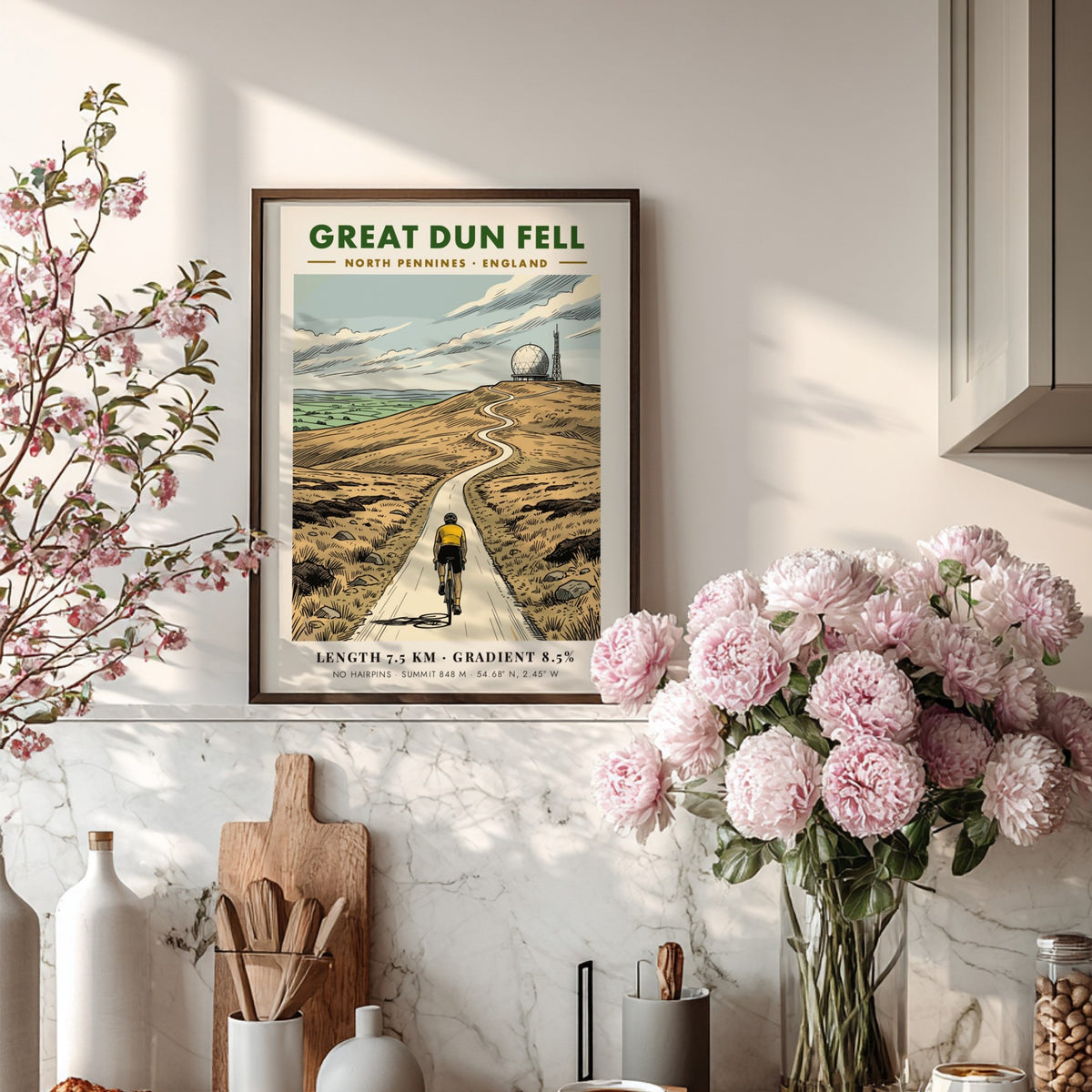 Poster of a cyclist climbing the Great Dun Fell road in North Pennines England.