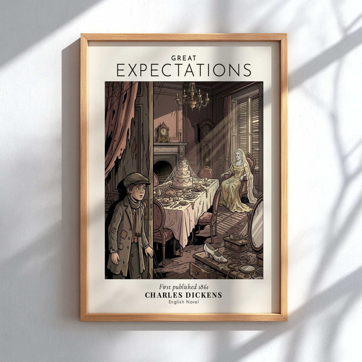 Poster featuring a comic style illustration of Pip visiting Miss Havisham in Satis House.