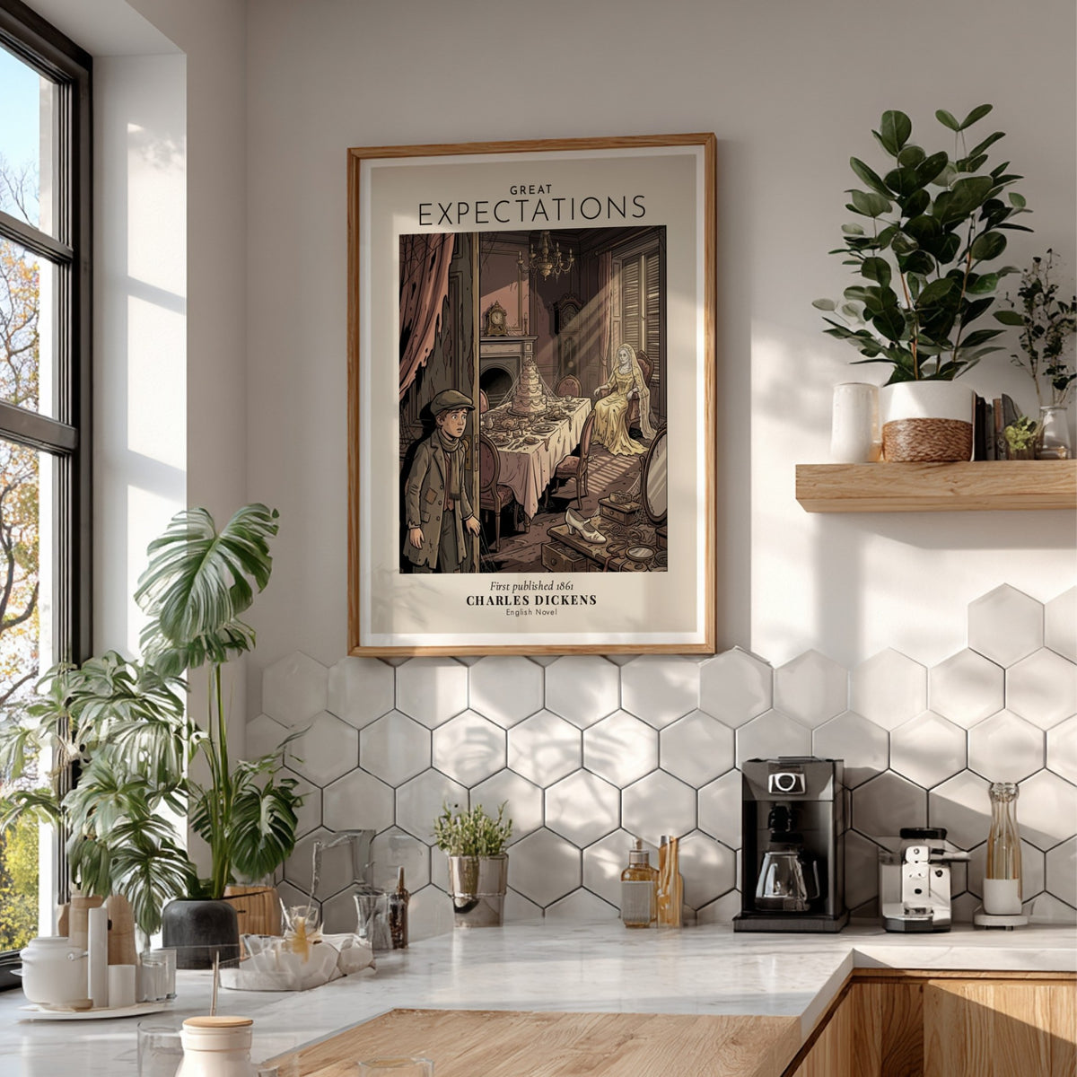 Poster featuring a comic style illustration of Pip visiting Miss Havisham in Satis House.
