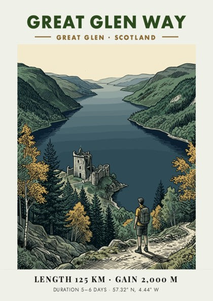 Poster of a hiker overlooking the Great Glen Way in Scotland with ruins.