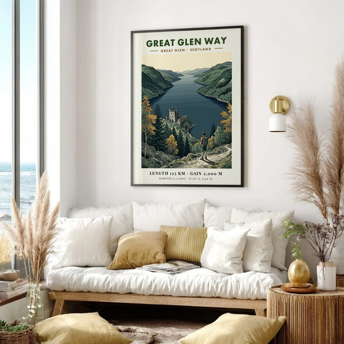 Poster of a hiker overlooking the Great Glen Way in Scotland with ruins.