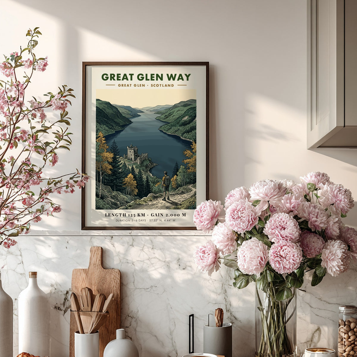 Poster of a hiker overlooking the Great Glen Way in Scotland with ruins.