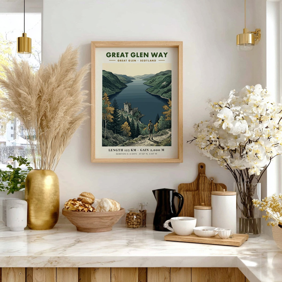 Poster of a hiker overlooking the Great Glen Way in Scotland with ruins.