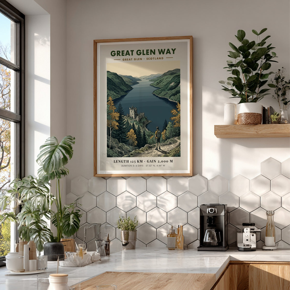 Poster of a hiker overlooking the Great Glen Way in Scotland with ruins.