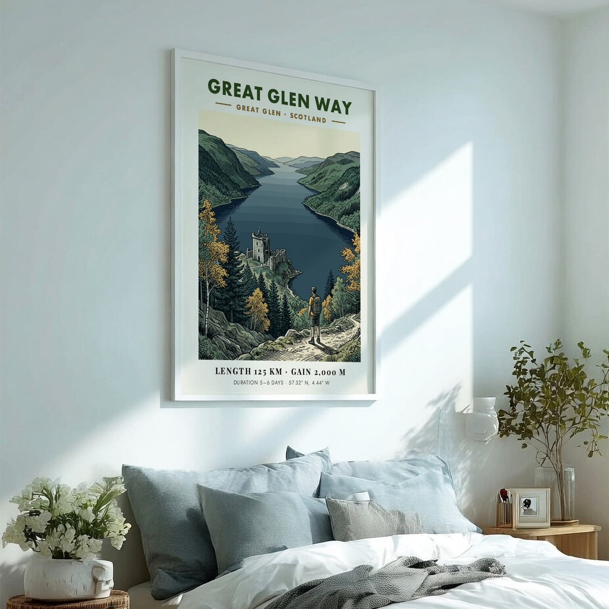 Poster of a hiker overlooking the Great Glen Way in Scotland with ruins.