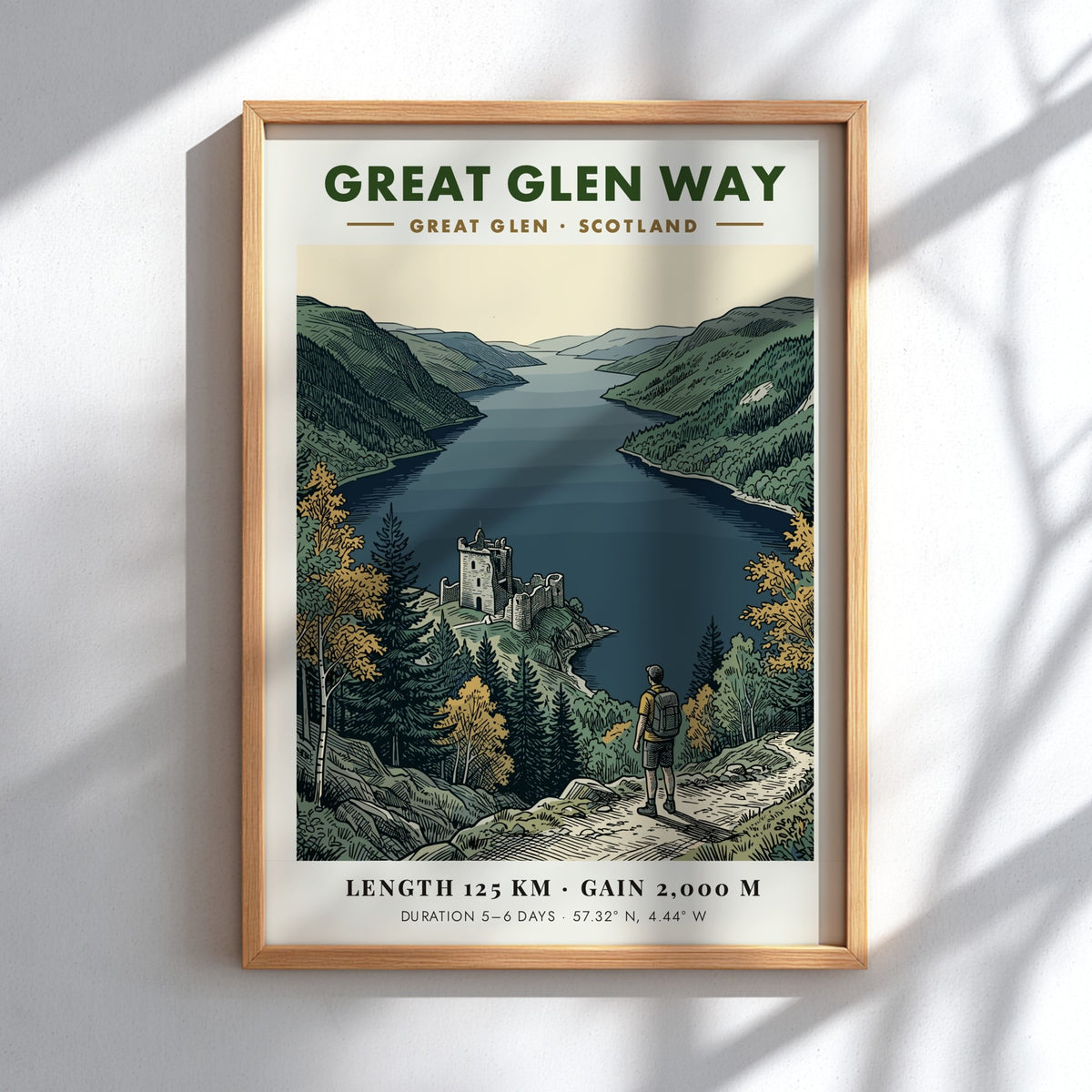 Poster of a hiker overlooking the Great Glen Way in Scotland with ruins.