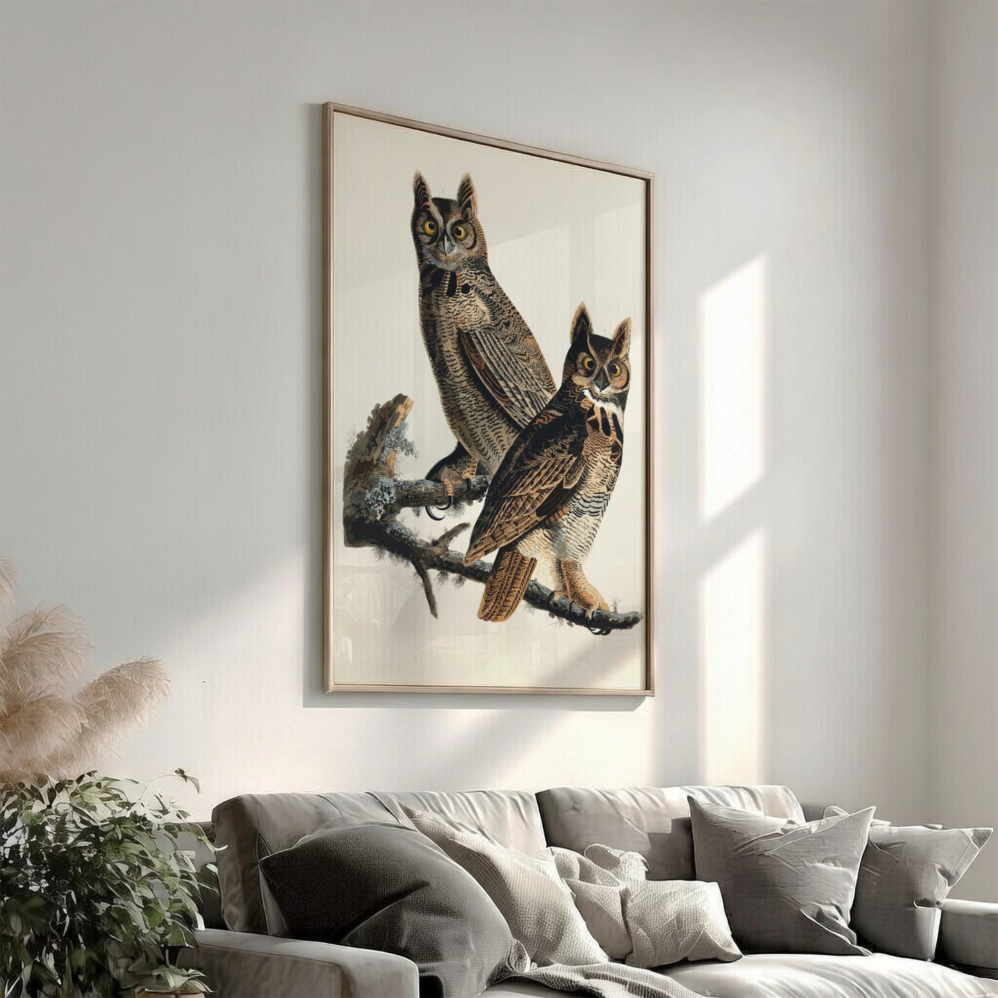 Great Horned Owl art poster featuring vintage style, intricate details, and natural colors for wildlife decor