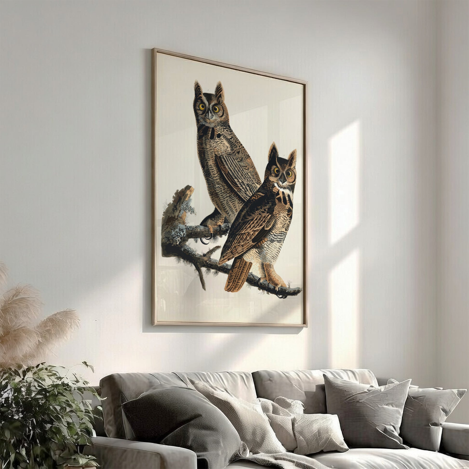 Great Horned Owl art poster featuring vintage style, intricate details, and natural colors for wildlife decor