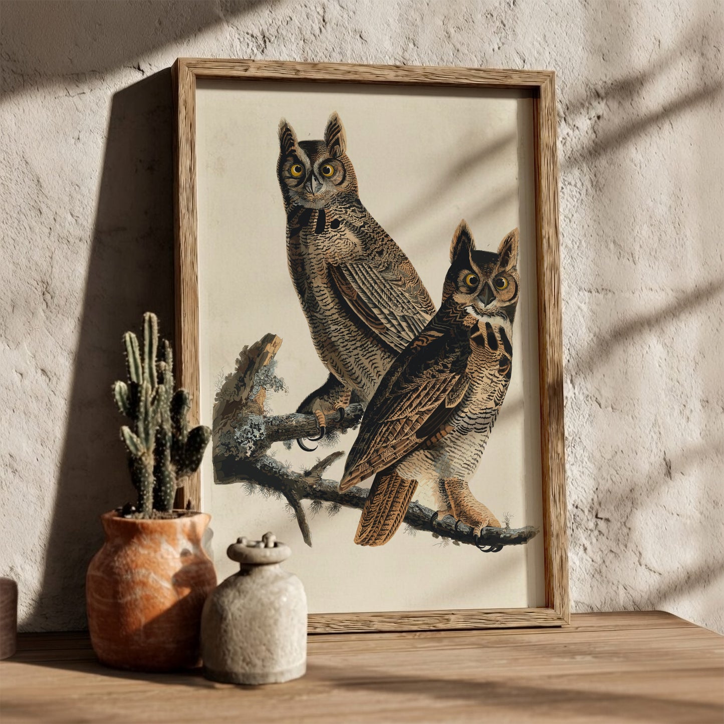 Great Horned Owl art poster featuring vintage style, intricate details, and natural colors for wildlife decor
