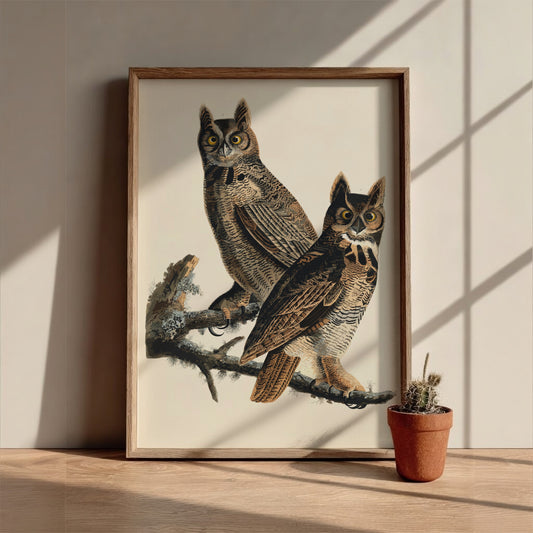 Great Horned Owl art poster featuring vintage style, intricate details, and natural colors for wildlife decor