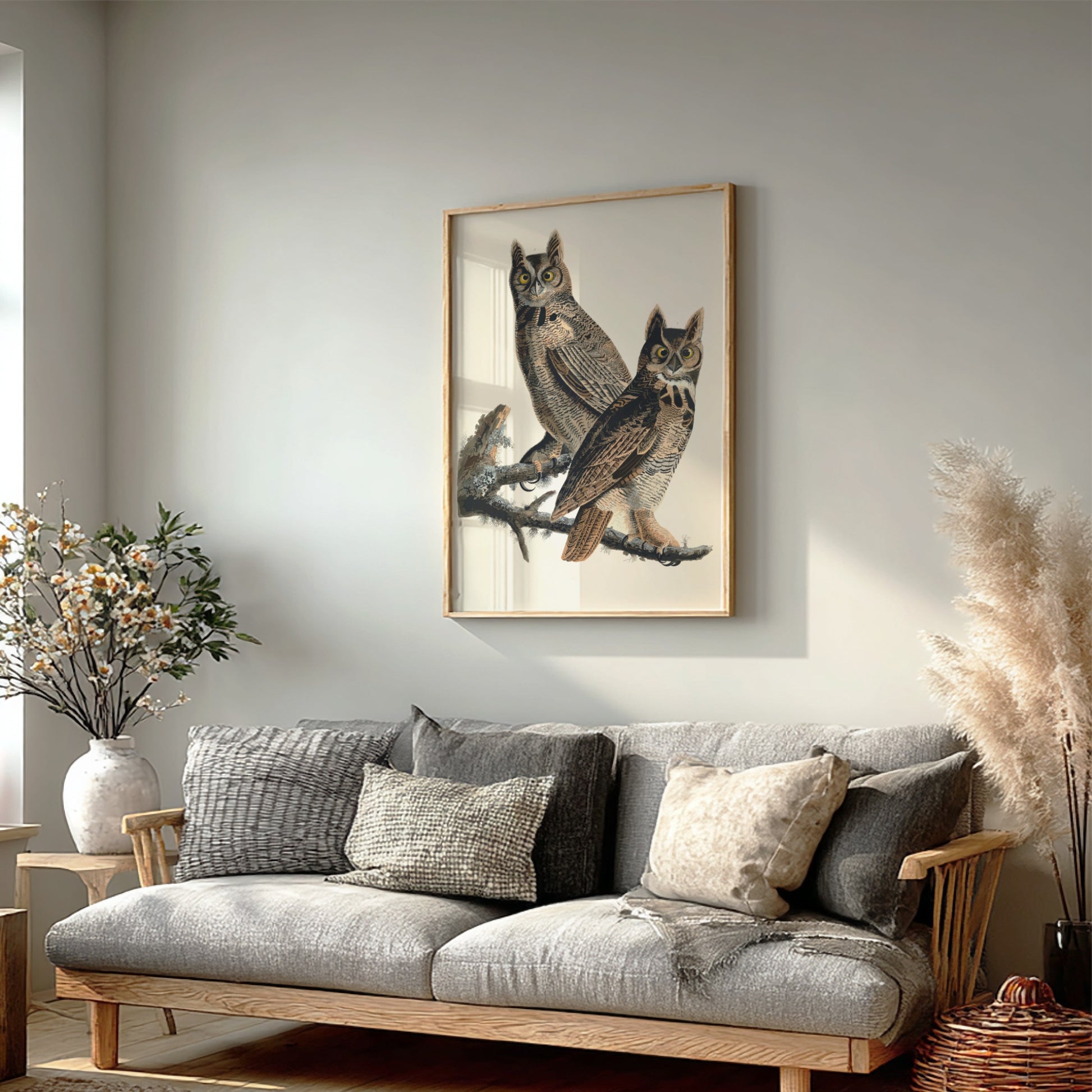 Great Horned Owl art poster featuring vintage style, intricate details, and natural colors for wildlife decor