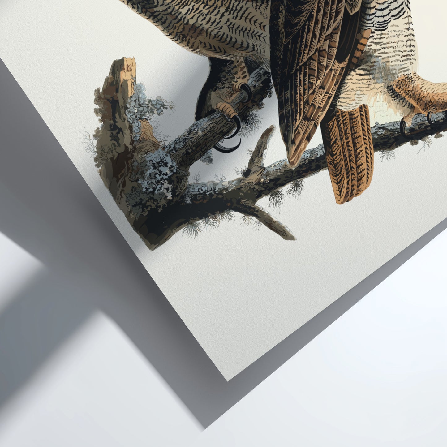 Great Horned Owl art poster featuring vintage style, intricate details, and natural colors for wildlife decor