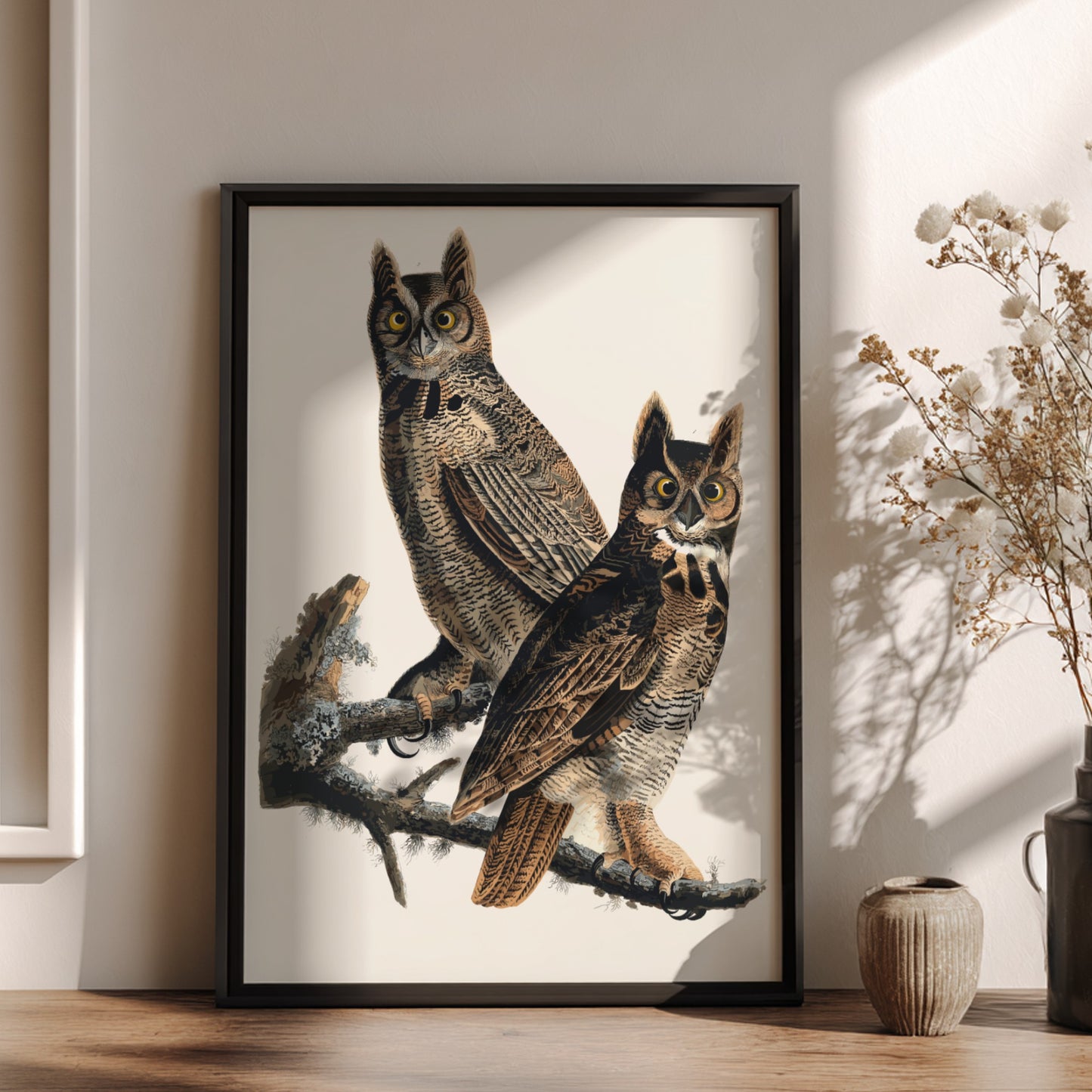 Great Horned Owl art poster featuring vintage style, intricate details, and natural colors for wildlife decor
