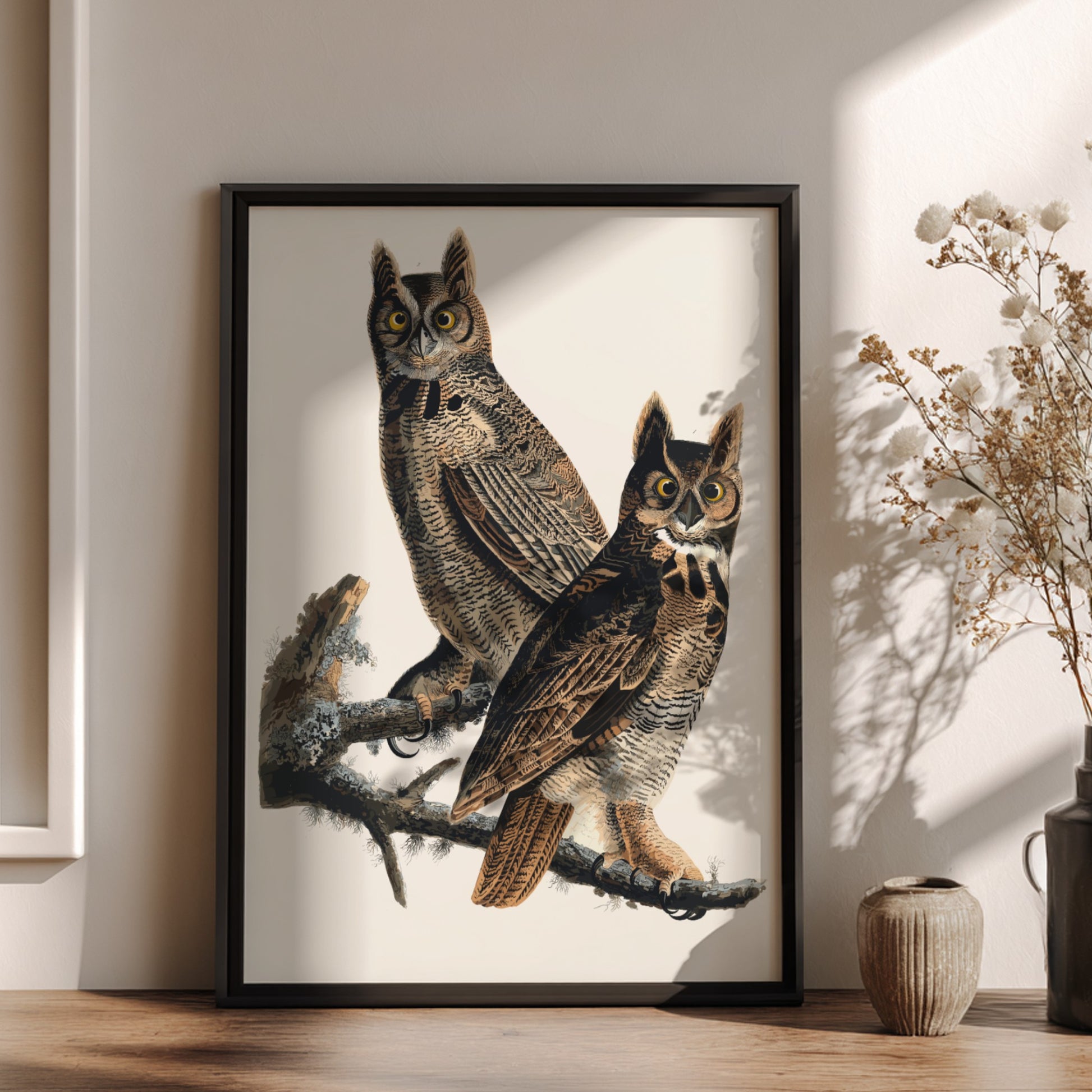 Great Horned Owl art poster featuring vintage style, intricate details, and natural colors for wildlife decor