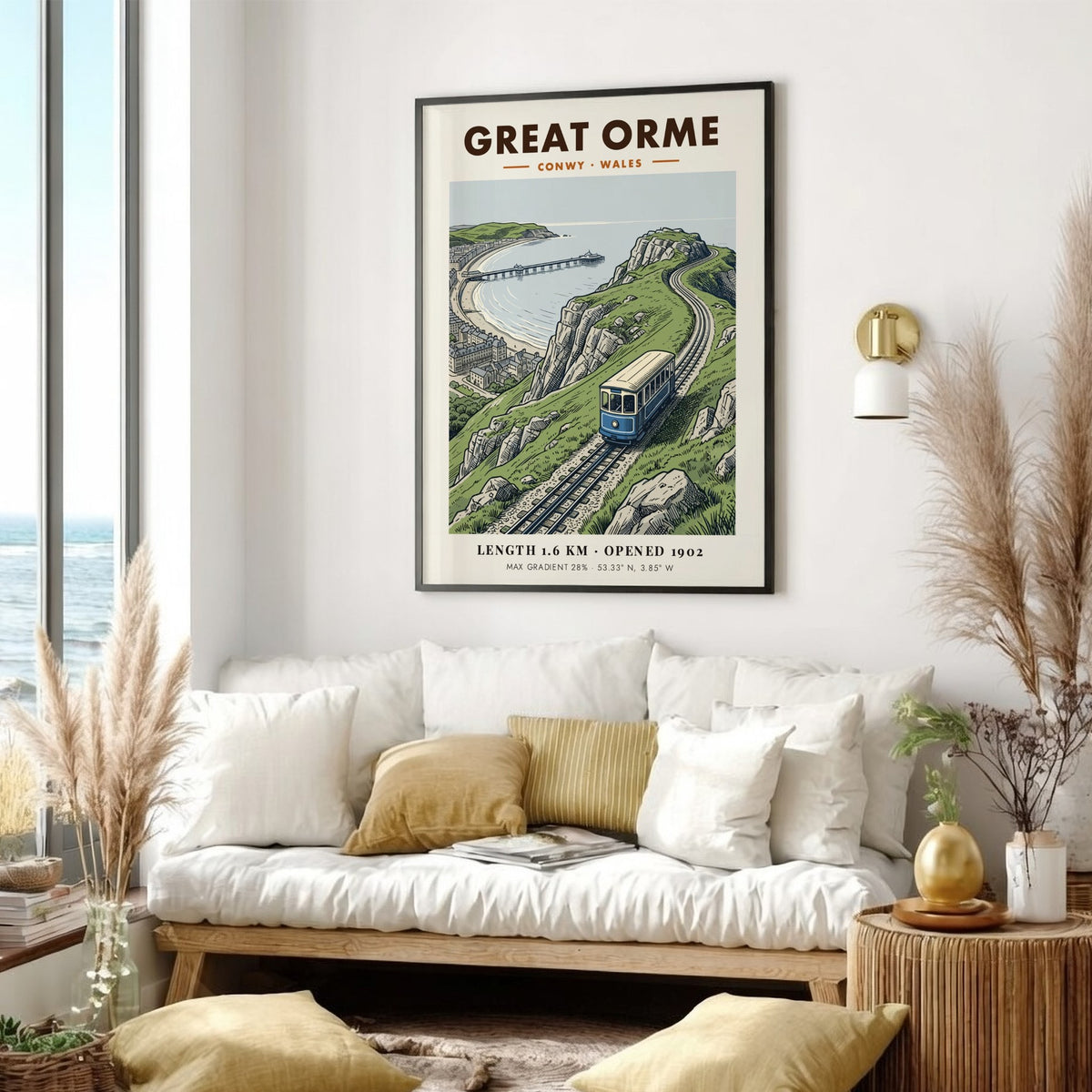 Poster of a blue Great Orme tram ascending a steep Welsh coastal cliffside.