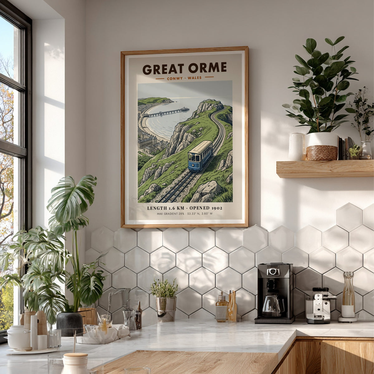 Poster of a blue Great Orme tram ascending a steep Welsh coastal cliffside.