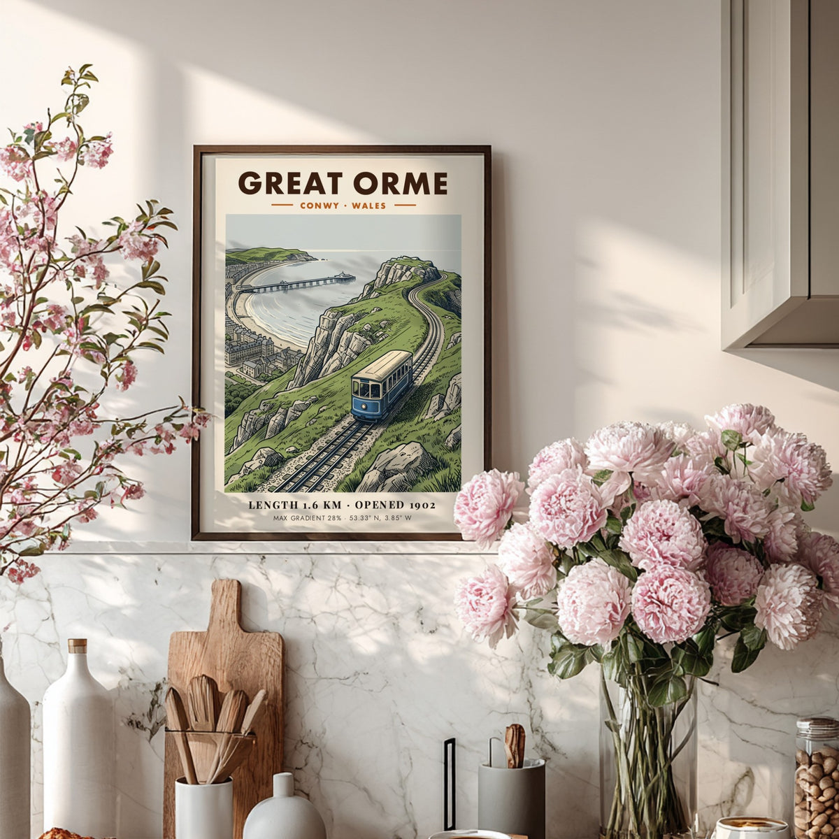 Poster of a blue Great Orme tram ascending a steep Welsh coastal cliffside.