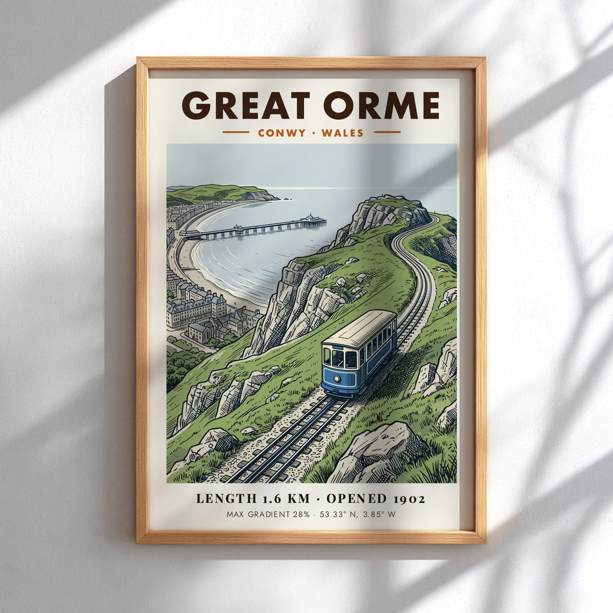Poster of a blue Great Orme tram ascending a steep Welsh coastal cliffside.