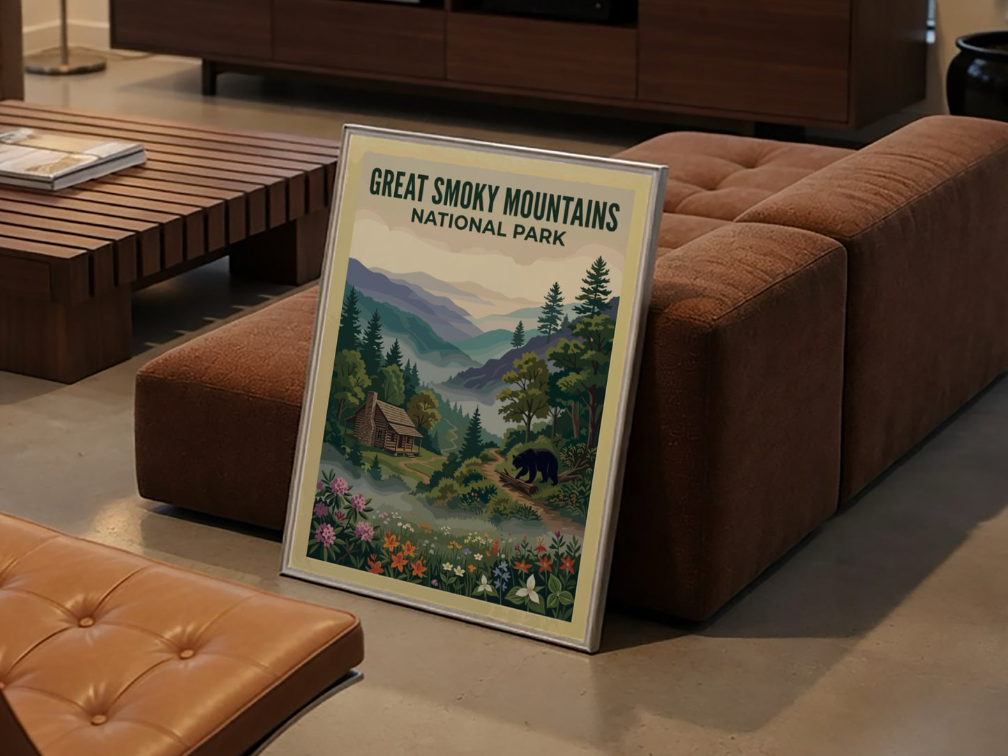 Travel poster of Great Smoky Mountains National Park with a cabin and bear.